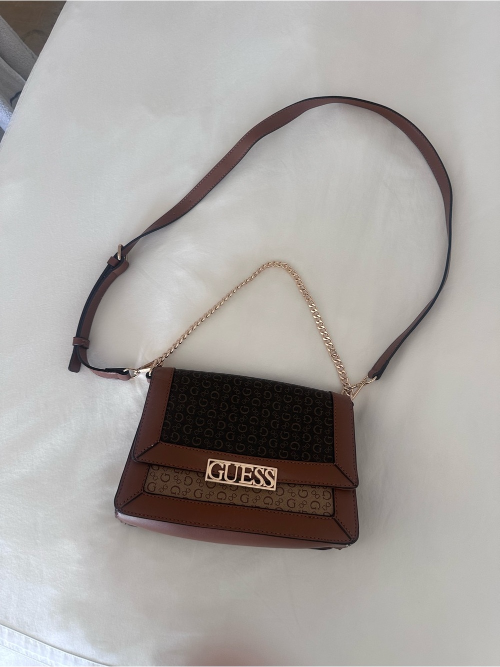 GUESS Brown and Black Logo-Print Crossbody with Gold Hardware - Picture 3 of 10